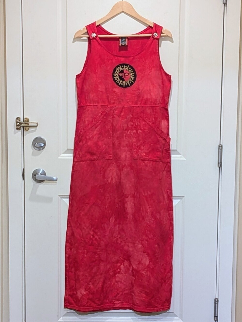 GUC 90s Dagoli S Bright Red Tie Dye Cotton Dress with Sun Art Design